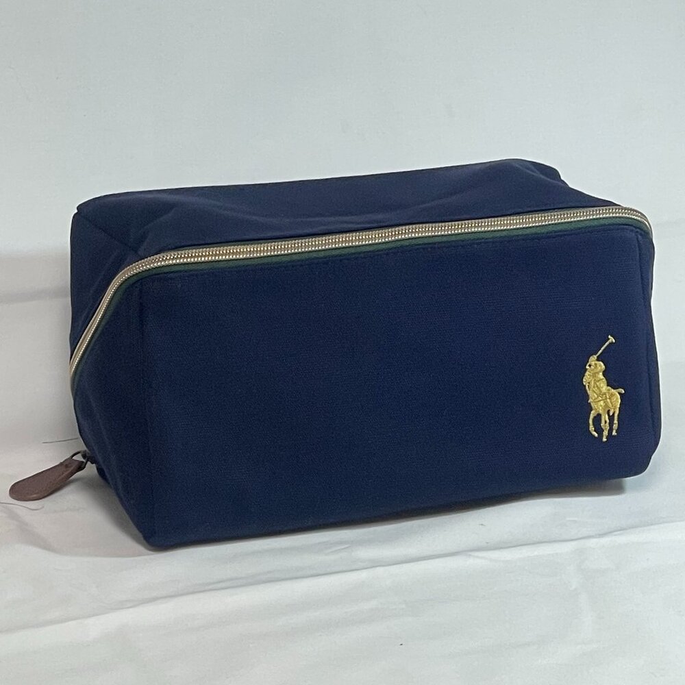 Ralph Lauren Travel Toiletry Cosmetic Bag w/ Zipper - Midnight Blue & Gold - New